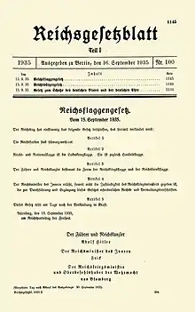 Titelseite des Reichsgesetzblatt Teil I Nr. 100: Nürnberger Gesetze