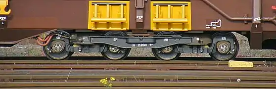 vierachsiges Drehgestell eines Niederflurwagens der Rollenden Landstraße
