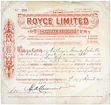 Aktie der Royce Limited über 25 Preference Shares zu je 1 £, ausgegeben am 7. April 1910. Die Gesellschaft wurde gegründet von Sir Frederick Henry Royce am 4. Juni 1894 unter dem Namen F. H. Royce and Co., Limited und am 17. Oktober 1899 zu Royce, Limited reorganisiert. Unter eigenem Namen baute Royce nur drei Fahrzeuge. Zu einer Serienproduktion kam es erst unter der Markenbezeichnung Rolls-Royce.