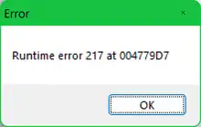 Der Screenshot zeigt eine Fehlermeldung mit dem Text „Runtime error 217 at 004779D7“