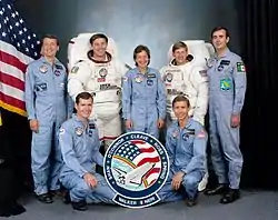 v. l. n. r. Vorne: Bryan O’Connor, Brewster ShawHinten: Charles Walker, Jerry Ross, Mary Cleave, Sherwood Spring, Rodolpho Neri Vela