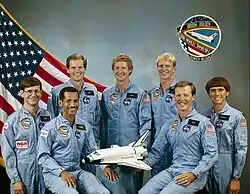 v. l. n. r. Robert Cenker, Charles Bolden, Bill Nelson, Steven Hawley, George Nelson, Robert Gibson, Franklin Chang-Diaz