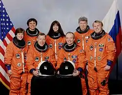 v. l. n. r. Wendy Lawrence, Franklin Chang-Diaz, Dominic Pudwill Gorie, Janet Kavandi, Charles Precourt, Waleri Rjumin, Andrew Thomas