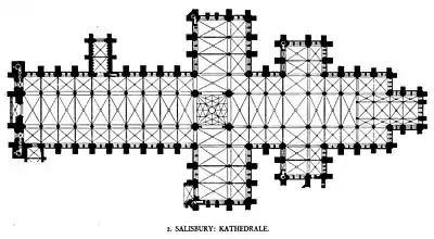 Der typische Grundriss der englischen Kathedrale anhand der Kathedrale von Salisbury.