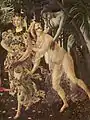 Sandro Botticelli: Primavera (Ausschnitt: links Flora, Mitte Chloris, rechts Zephyr), um 1482–1487, Uffizien, Florenz