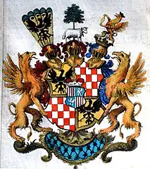 Reichsgräfliches Wappen von 1708 mit zwei goldenen Greifen als Schildhalter