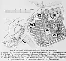 Karte von Dresden zwischen 1514 und 1521 mit der Queckbornkapelle (Nr. 22)