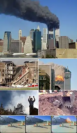 Bildbeschreibung von oben nach unten und links nach rechts:1. Die brennenden Twin Towers des World Trade Centers2. Eingestürztes Gebäudeteil des Pentagons3. Flug 175 schlägt um 9:03 Uhr im Südturm (WTC 2) ein4. Ein Feuerwehrmann des FDNY bittet am Ground Zero um Hilfe5. Triebwerkbergung von Flug 93 in der Nähe von Shanksville6.–8. Aufnahmen vom Einschlag ins Pentagon