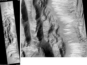 Talboden von Shalbatana Vallis, fotografiert von HiRISE. Maßstabsbalken ist 1000&nbsp;m lang.