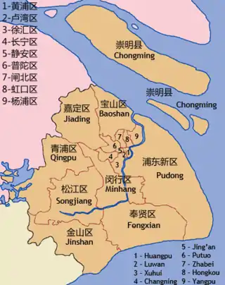Das administrative Stadtgebiet Shanghais – Die Kernstadt (Puxi) umfasst das Gebiet der Ziffern 1 bis 9