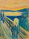 Pastellmalerei von „Der Schrei“. Dabei wird auch der Steg in blau mit wenig braun gezeichnet. Das Gemälde wirkt skizzenhaft.