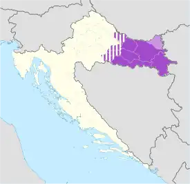 Das heutige Gebiet Slawoniens dunkelviolett, weitere z.&nbsp;T zu Slawonien gerechnete Gebiete gestreift, die kroatische Baranja hellviolett