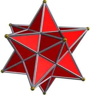 N … weist der auf den ersten Blick gleich aussehende Dodekaederstern als Kepler-Poinsot-Körper nur 12 Ecken (golden markiert, die anderen 20 sind nur Schnittpunkte der Kanten), 30 Kanten (die durch die 20 Schnittpunkte jeweils dreigeteilt werden) und 12 Flächen (Pentagramme, die in jeweils 5 Dreiecke zerfallen) auf und verletzt mit
χ
E
=
E
−
K
+
F
=
−
6
{\displaystyle \chi _{E}=E-K+F=-6\;\!}
den Eulerschen Polyedersatz.
