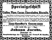 Johann Jacobs gibt die Eröffnung seines Geschäfts Domshof 18 bekannt (Bremer Nachrichten, 15.&nbsp;Januar 1895)