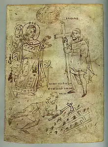 Auffindung des Kreuzes, Miniatur,  um 825 (Biblioteca Capitolare, Vercelli)