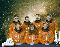 v. l. n. r. Ronald Parise, Stephen Oswald, Wendy Lawrence, Tamara Jernigan, John Grunsfeld, William Gregory, Samuel Durrance