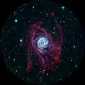 Panoramaaufnahme im UV durch GALEX (blau, grün) und im 21&nbsp;cm-Band durch das Very Large Array (rot), das Ansammlungen neu­tralen Wasserstoffs zeigt.