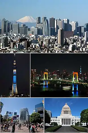 Von oben nach unten (links nach rechts): Wolkenkratzer von Shinjuku und Fuji-san, Tokyo Skytree, Rainbow Bridge und Akasaka im Hintergrund, Shibuya, Parlamentsgebäude