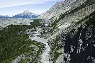 Das südliche Ende des Turnback Canyon aus dem Helikopter, mittig die Schlüsselstelle