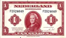 1-Gulden-Schein von 1943, herausgegeben von der niederländischen Exilregierung in London für die Verwendung nach der Befreiung der Niederlande.