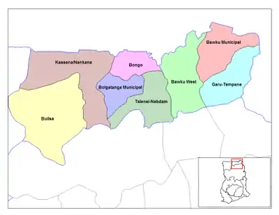 Lage des Distrikts Bongo innerhalb der Upper East Region