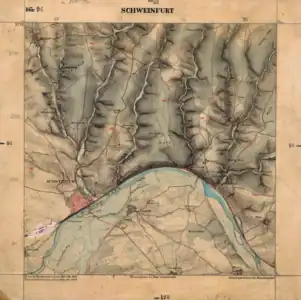 Karte aus dem frühen 19.&nbsp;Jahrhundert.Relief des südwestlichen Teils der Schweinfurter Rhön mit dem Schweinfurter Mainbogen und dem südlich davon gelegenen Schweinfurter Becken1