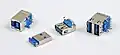 USB-3.0-Buchsen und -Stecker zum Auflötenv.&nbsp;l.&nbsp;n.&nbsp;r.: Typ-B-Buchse, Typ-A-Stecker, Typ-A-Buchse, Stack mit zwei Typ-A-Buchsen