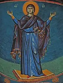 Fresko der Blacherniotissa Orantenpose aus dem 13. Jahrhundert in der Theotokos Peribleptos Kirche in Ohrid in Mazedonien