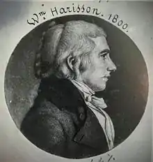 Harrison als junger Mann im Profil. Der damaligen Mode gehorchend, trägt Harrison ein Halstuch und hat den Mantelkragen hochgeschlagen.