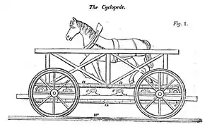 Zeitgenössische Darstellung der von einem Arbeitspferd angetriebenen The&nbsp;Cycloped.