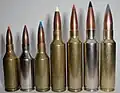 von Links:.223&nbsp;WSSM, .243&nbsp;WSSM, .25&nbsp;WSSM, .270&nbsp;WSM, 7mm&nbsp;WSM, .300&nbsp;WSM, .325&nbsp;WSM