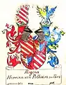 Gemehrtes Wappen der Regina Herrin von Polheim zu Parz,  Zeichnung (ca. 1890) von Ernst Graf Sprin­zen­stein (&nbsp;Familien­archiv Sprinzen­stein&nbsp;)