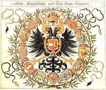 Kaiserwappen, die Wappen der habs­burg­ischen Erb­lande rund um den doppel­köpfigen Reichs­adler angeordnetSiebmacher 1605