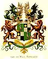Vereinigtes Wappen derer van de Wall Repelaer im Wapenboek van den Nederlandschen Adel, 1883. In 1 und 4: Stammwappen Repelaer: ein silberner Löffler in Grün, 2 und 3: Stammwappen van de Wall