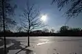 Blick von der 2.&nbsp;Beobach­tungs­kanzel auf die winterliche Bislicher Insel