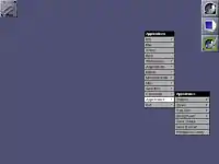 Umgebung mit GNU&nbsp;Window&nbsp;Maker und X&nbsp;Window System (X11) im Look & Feel von NeXTStep.