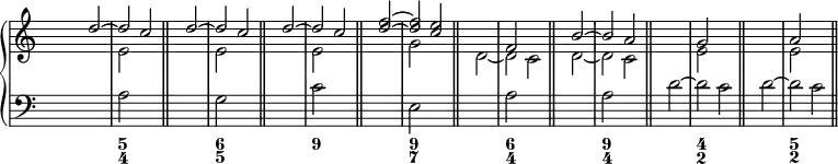 

\new PianoStaff <<
<< % wegen Generalbass
   \new Staff <<
    \set Score.tempoHideNote = ##t
    \tempo 4 = 160
    \override Staff.TimeSignature.transparent = ##t
     <<
     \new Voice = "first"
       \relative c''
         { \voiceOne s2 d ~ d c \bar "||" s2 d ~ d c \bar "||" s2 d ~ d c \bar "||" s2 <f d> ~ <f d> <e c> \bar "||" s1 f,2 s2 \bar "||" s2 b ~ b a \bar "||" s1 g2 s2 \bar "||" s1 a2 s2 \bar "||" }
     \new Voice = "second"
       \relative c'
         { \voiceTwo s1 e2 s2 s1 e2 s2 s1 e2 s2 s1 g2 s2 s2 d ~ d c s2 d ~ d c s1 e2 s2 s1 e2 s2 }
     >>

     >>

    \new Staff <<
           \override Staff.TimeSignature.transparent = ##t
              \clef "bass"
              \relative c' { s1 a2 s2 s1 g2 s2 s1 c2 s2 s1 e,2 s2 s1 a2 s2 s1 a2 s2 s2 d ~ d c s2 d ~ d c }
     >>
 >>
  \new FiguredBass {
    \figuremode { <_>1 <5 4> <_>1 <6 5> <_>1 <9> <_>1 <9 7> <_>1 <6 4> <_>1 <9 4> <_>1 <4 2> <_>1 <5 2> }
   }

>> % wegen Generalbass

