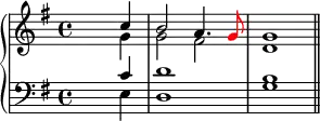 
\version "2.14.2"
\header {
  tagline = ##f
        }
upper = \relative c'' {
  \key g \major
  \time 4/4
  \tempo 2 = 54
       <<
         {
           \voiceOne
           s2. c4 b2 a4. \tweak NoteHead.color #red \tweak Stem.color #red g8 g1 \bar "||" }
         \new Voice {
           \voiceTwo
           s2. g4 g2 fis d1 }
       >>
                }

lower = \relative c' {
  \clef bass
  \key g \major
  \time 4/4

       <<
         {
           \voiceOne
           s2. c4 d1 b }
         \new Voice {
           \voiceTwo
           s2. e,4 d1 g }
       >>
}

\score {
  \new PianoStaff <<
    \new Staff = "upper" \upper
    \new Staff = "lower" \lower
  >>
  \layout {
    \context {
      \Score
      \remove "Metronome_mark_engraver"
    }
  }
  \midi { }
}

