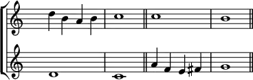 \new ChoirStaff <<
\new Staff <<
\set Score.tempoHideNote = ##t
\tempo 2 = 92
\override Staff.TimeSignature.transparent = ##t
\relative c''
{ d b a b c1 \bar "||" c b \bar "||" }
>>
\new Staff <<
\override Staff.TimeSignature.transparent = ##t
\relative c' { d1 c a'4 f e fis g1 }
>>
>>