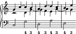\version "2.14.2"
\header {
tagline = ##f
}
upper = \relative c'' {
\override Score.TimeSignature.stencil=##f
% \override Score.BarLine.break-visibility = #all-invisible
\clef treble
\key c \major
\time 2/2
\tempo 2 = 60
<< {g4 c ~ c b a d ~ d c b e ~ } \\ {r2 d,4 g ~ g f e a ~ a g } >>
}
lower = \relative c {
\clef bass
\key c \major
c2 g' d a' e
}
\score {
\new PianoStaff <<
\new Staff = "upper" \upper
\new Staff = "lower" \lower
\new FiguredBass { \figuremode { r2 <4>4 <3> <4> <3> <4> <3> <4> <3> } }
>>
\layout {
\context {
\Score
\remove "Metronome_mark_engraver"
}
}
\midi { }
}