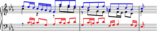 
\version "2.14.2"
\header {
  tagline = ##f
        }
upper = \relative c'' {
  \clef treble
  \override Staff.TimeSignature.transparent = ##t
  \key c \minor
  \tempo 4 = 88
       <<
         {
           \voiceOne
           \override NoteHead.color = #blue \override Stem.color = #blue \override Beam.color = #blue \override Accidental.color = #blue f8 es16 d c bes as g f8 as' g f es d es f b, c d b c
         }
         \new Voice {
           \voiceTwo
           c4 r r8 f es d r as g f g f16 es f8 d g4
         }
       >>
                }

lower = \relative c' {
  \clef bass
  \override Staff.TimeSignature.transparent = ##t
  \key c \minor

         {
           \voiceOne
           r8 \override NoteHead.color = #red \override Stem.color = #red \override Beam.color = #red \override Accidental.color = #red c16 b c8 g as c16 b c8 d g, c16 b c8 d f,16 g as4 g16 f es
         }
}

\score {
  \new PianoStaff <<
    \new Staff = "upper" \upper
    \new Staff = "lower" \lower
  >>
  \layout {
    \context {
      \Score
      \remove "Metronome_mark_engraver"
    }
  }
  \midi { }
}
