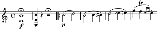 \relative b' {
\key c \major \time 4/4
<b d,>1 \f \fermata | <c e, g,>4 r r2 \fermata \bar ".|:"
c2( \p d) | b2( c4 cis) | d2( es4 e)
g4( f \trill \grace { e16 f) } e4-.
}