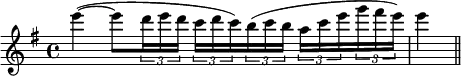 \relative c'''{
\set Staff.midiInstrument = #"violin"
\set Score.tempoHideNote = ##t
\tempo 4 = 60
\clef treble
\key g \major
\time 4/4
e4(~ e8 \times 2/3 { d16 e d } \times 2/3 { c d c) } \times 2/3 { b( c b } \times 2/3 { a c e } \times 2/3 { g fis e) } e4( \bar "||"
}