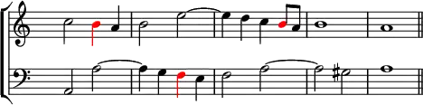 \new ChoirStaff <<
\new Staff <<
\set Score.tempoHideNote = ##t
\tempo 2 = 88
\override Staff.TimeSignature.transparent = ##t
\relative c''
{ c2 \tweak NoteHead.color #red \tweak Stem.color #red b4 a b2 e ~ e4 d c \tweak NoteHead.color #red b8 a b1 a \bar "||" }
>>
\new Staff <<
\override Staff.TimeSignature.transparent = ##t
\clef "bass"
\relative c { a2 a' ~ a4 g \tweak NoteHead.color #red \tweak Stem.color #red f e f2 a ~ a gis a1 }
>>
>>