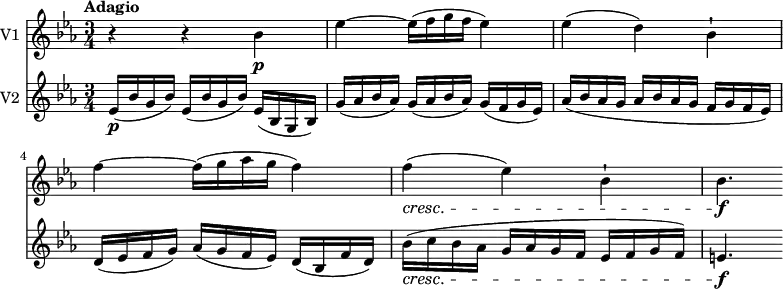 \version "2.18.2"
<<
\new Staff \with { instrumentName = #"V1 "} \relative c'' {
\version "2.18.2"
\key ees \major
\tempo "Adagio"
\tempo 4 = 50
\time 3/4
r4 r bes \p
ees ~ ees16 (f g f ees4)
ees (d) bes-!
f' ~ f16 (g aes g f4)
f \cresc (ees) bes-!
bes4. \f
}
\new Staff \with { instrumentName = #"V2 "} \relative c' {
\key ees \major
\clef "treble"
\time 3/4
\set Staff.midiMinimumVolume = #0.2 \set Staff.midiMaximumVolume = #0.5
ees16 \p (bes' g bes) ees, (bes' g bes) ees, (bes g bes)
g' (aes bes aes) g (aes bes aes) g (f g ees)
aes (bes aes g aes bes aes g f g f ees)
d (ees f g) aes (g f ees) d (bes f' d)
bes' \cresc (c bes aes g aes g f ees f g f)
e4. \f
}
>>