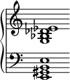 \new PianoStaff \with {
\omit Score.SpanBar
\omit Score.BarLine
\omit Score.TimeSignature
} <<
\new Staff \relative c' {
\clef "treble" <ees des bes g>1 }
\new Staff \relative c {
\clef "bass" <e b gis e>1 }
>>