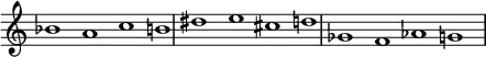 {
\override Score.TimeSignature
#'stencil = ##f
\override Score.SpacingSpanner.strict-note-spacing = ##t
\set Score.proportionalNotationDuration = #(ly:make-moment 3/2)
\relative c'' {
\time 4/1
\set Score.tempoHideNote = ##t \tempo 1 = 60
bes1 a c b!
dis e cis d
ges, f aes g
}
}