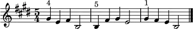 \relative c'' {\set Staff.midiInstrument = #"tubular bells" \time 5/4 \key e \major gis4^"4" e fis b,2 | b4^"5" fis' gis e2 | gis4^"1" fis e b2\bar "|."|}