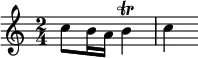 \relative c'' {
\time 2/4
c8 b16 a b4\trill c4
}