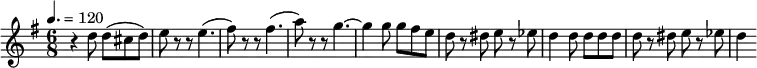 \relative c'' {
\set Staff.midiInstrument = #"piano"
\tempo 4. = 120
\key g \major
\time 6/8
r4 d8 d( cis d) | e r8 r8 e4.( | fis8) r8 r8 fis4.( | a8) r8 r8 g4. ~ g4 g8 g fis e | d8 r8 dis8 e r8 es8 | d4 d8 d d d | d8 r8 dis8 e r8 es | d4
}